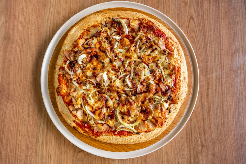 BBQ brisket specialty pizza at Dewey's pizza